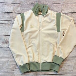 Vintage 80s 90s Adidas Cream and Olive Bomber Jacket Minimalist Atheleisure